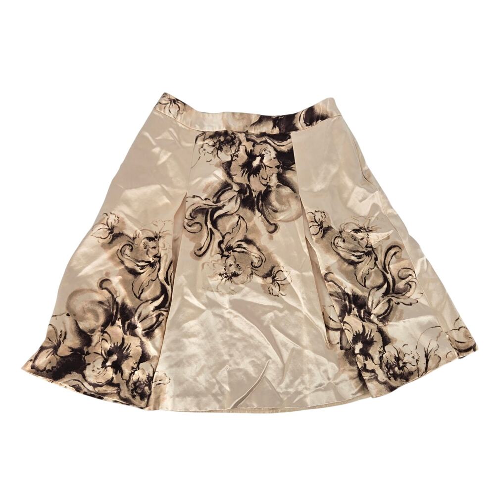 Banana Republic Silk Blend Pleated A-line Floral Skirt Knee-length Cream Brown